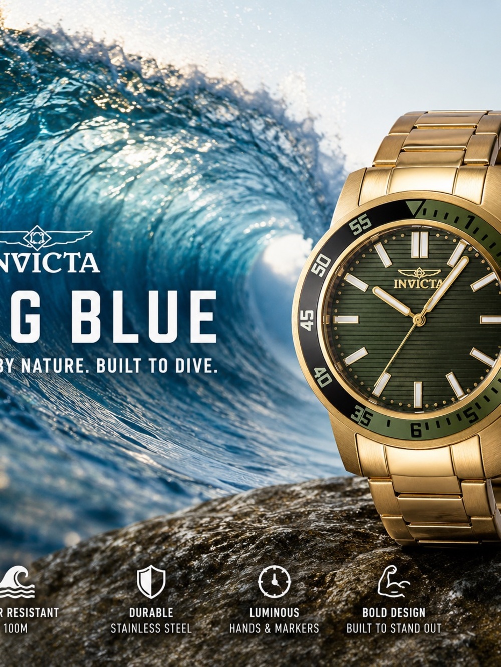 Invicta Gold and Green Stainless Steel Dive Watch